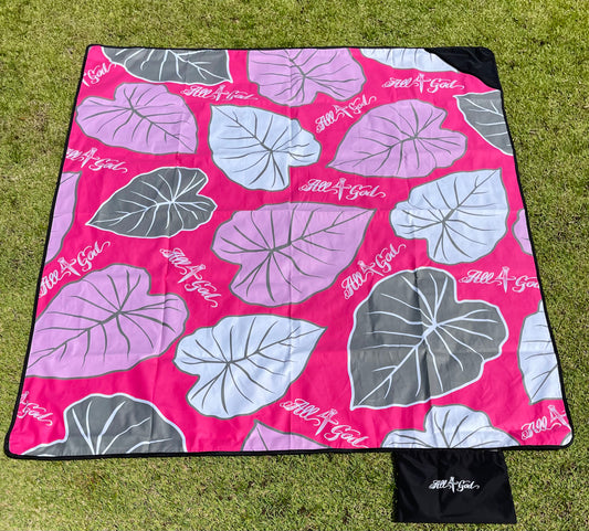 "Discover the Exclusive Hot Pink Kalo Leaf Design Beach Blanket Mat: All 4 God Edition | Embrace Divine Inspiration in Style! - Hawaiian Faith Collection"