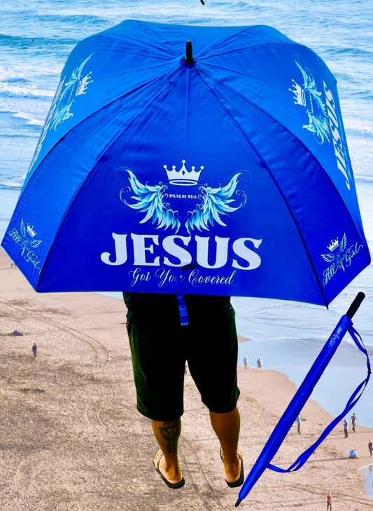 "Divine Protection 68" Blue Umbrella with Angel Wings Design - Stay Dry and Inspired by Psalm 91:4 Scripture"