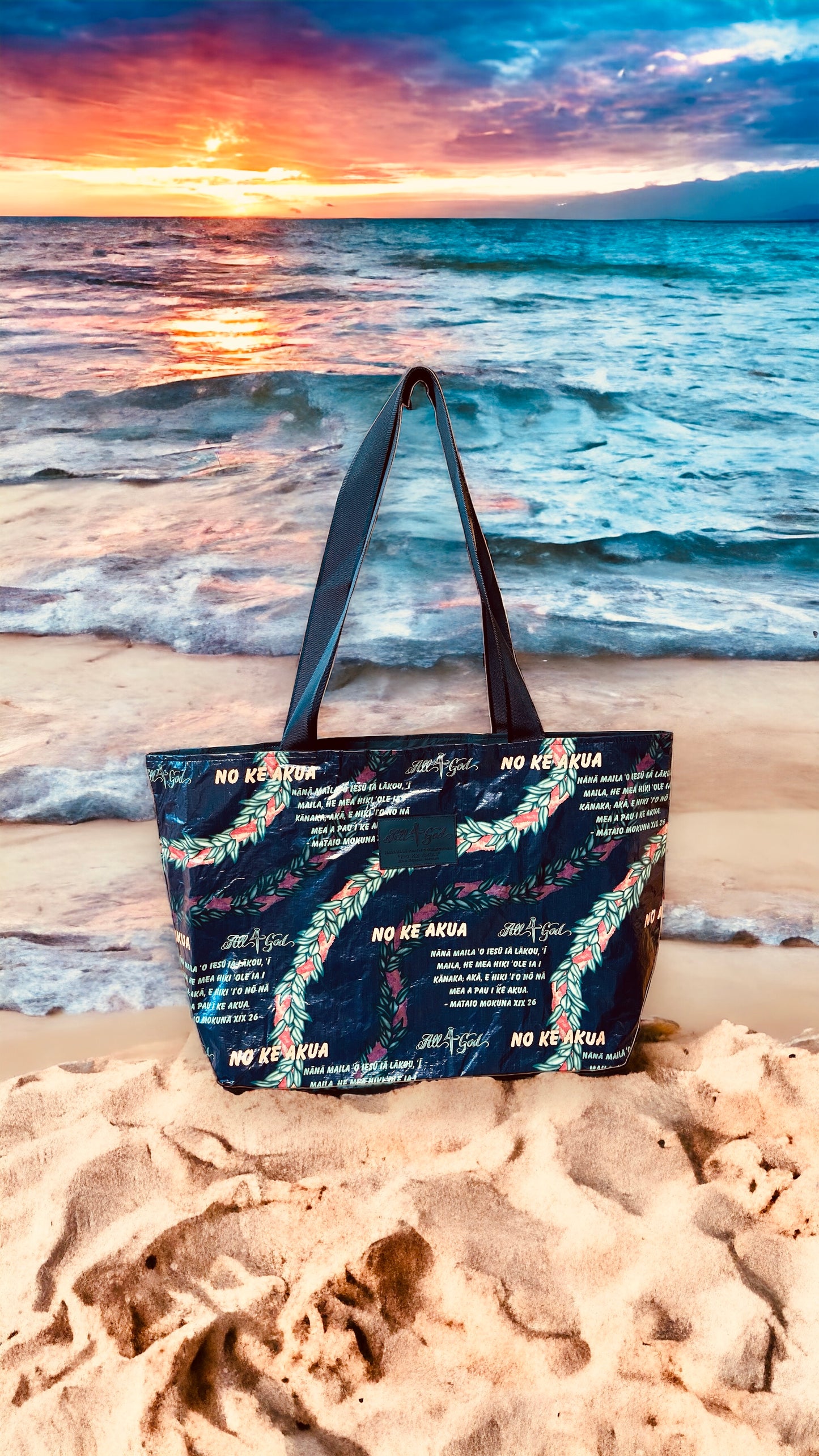 "Maile Ilima Jumbo Zippered Splashproof Tote Bag - 'No Ke Akua' Matthew 19:26 Hawaiian Scripture: Explore Hawaiian Faith Collection | Waterproof, Spacious, and Symbolic of Possibilities"